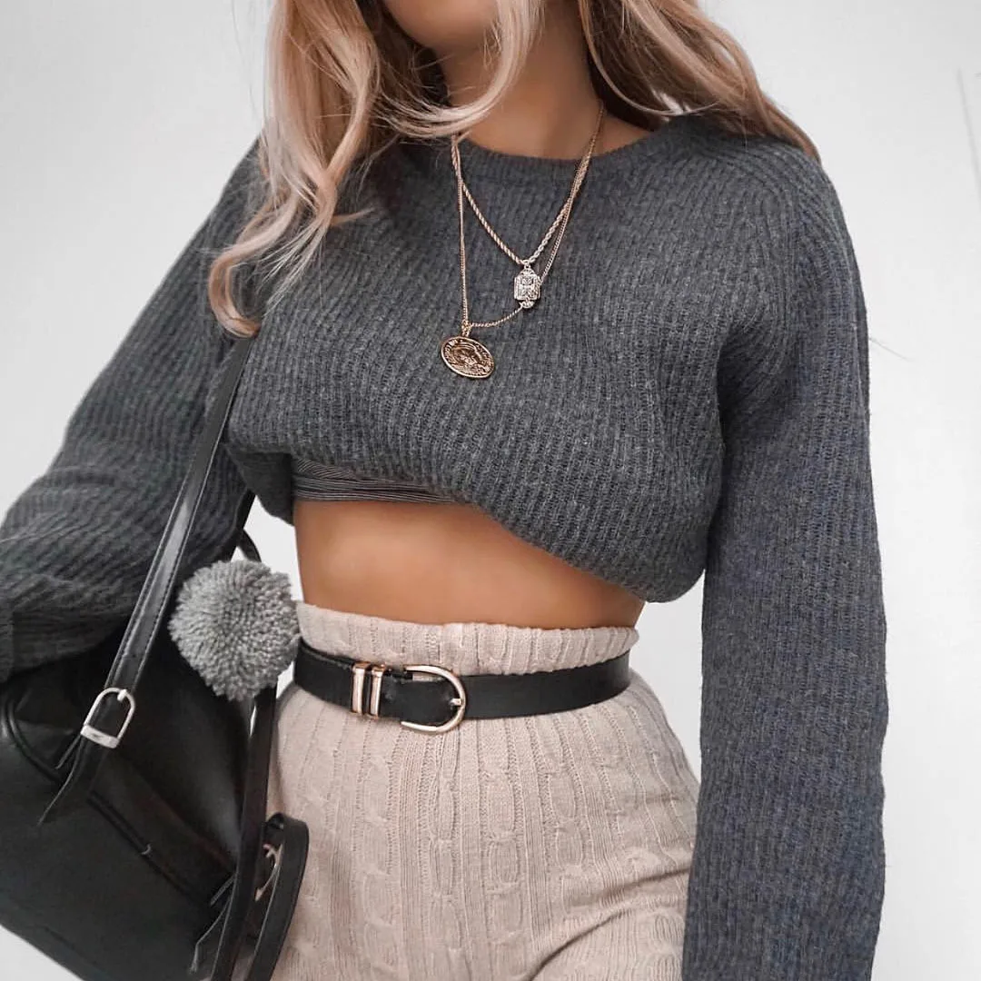 

Gray O-Neck Knitted Warm Short Navel Sweater Solid Knitwear Lantern Long Sleeve Pullover Casual Streetwear Loose Jumper Tops #Y3