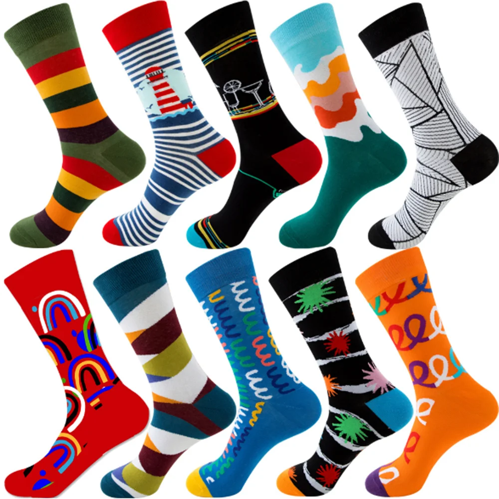 

10Pairs Men's Dress Socks Novelty Fun Colorful Sock Cotton Patterned Men Crew Socks Christmas Gift