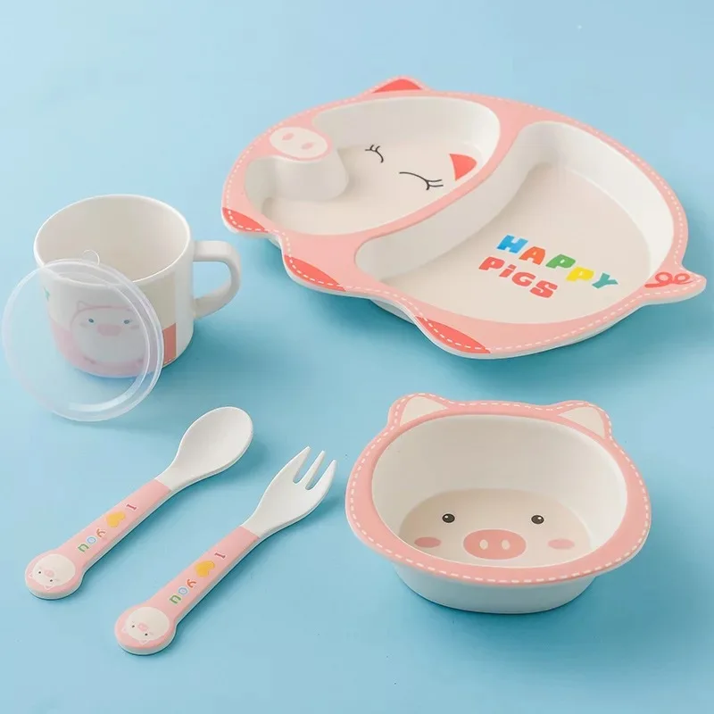 

5pcs/set Natural Bamboo Fiber Baby Tableware Cute Pig Children Feeding Dishes Kids Dinnerware With Bowl Fork Cup Spoon Plate