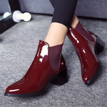 

Mid-heel Martin boots 2019 European simple style pointed women ankle short boots patent leather British thick heel women's boots