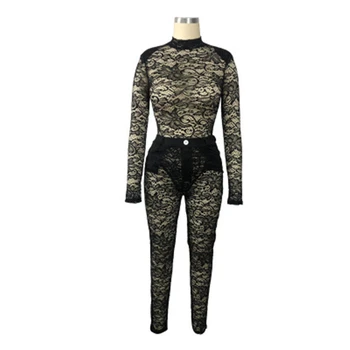 

USA 2020 Party Women Sets O Neck Lace Hollow Out Long Sleeve Bodysuit +High Waist Pancil Long Pants Sexy Lady Club SuitS