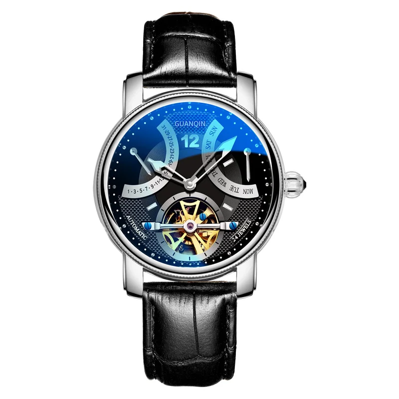 GUANQIN Luminous Watch For Men Automatic Mechanical Wristwatches Watches Luxury Butterfly buckle Push Button Hidden Clasp