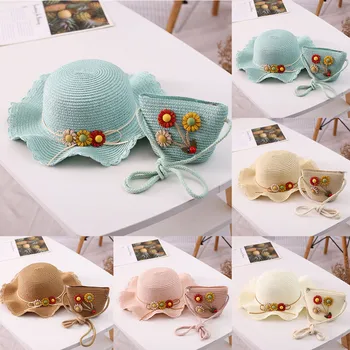 

Kids Caps Summer Girl Baby Straw Sunflowers Baby Girl Sun Fisherman Hat Beach Sun Protection Hat for Girls +Bag