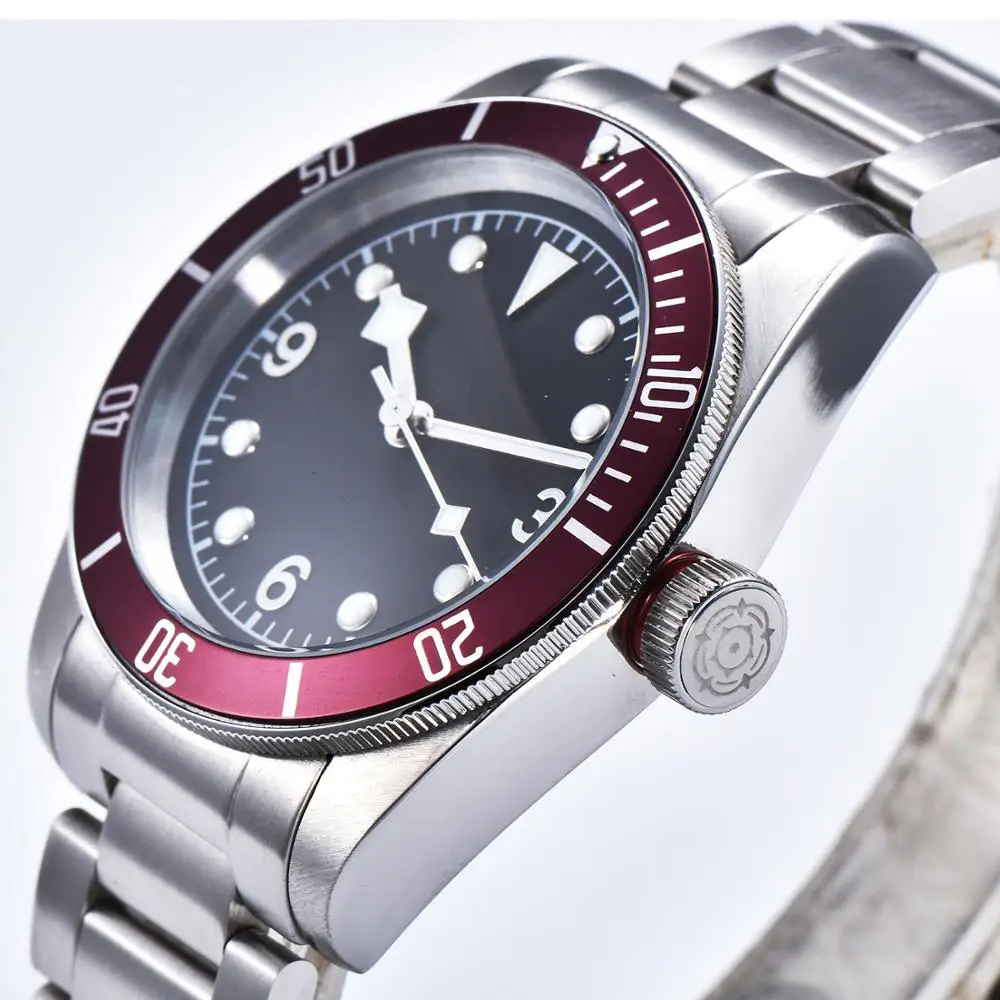 Модные часы BAY военный стальной корпус автоматическое движение Новые 41 мм светящиеся руки браслет красный ободок черный циферблат 71211