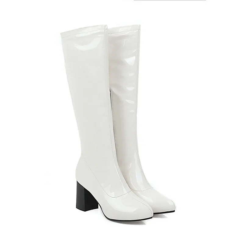 MoonMeek/ г. Новые осенне-зимние сапоги обувь на высоком каблуке с круглым носком на молнии женские сапоги до колена классические женские сапоги для выпускного вечера, большие размеры - Цвет: white