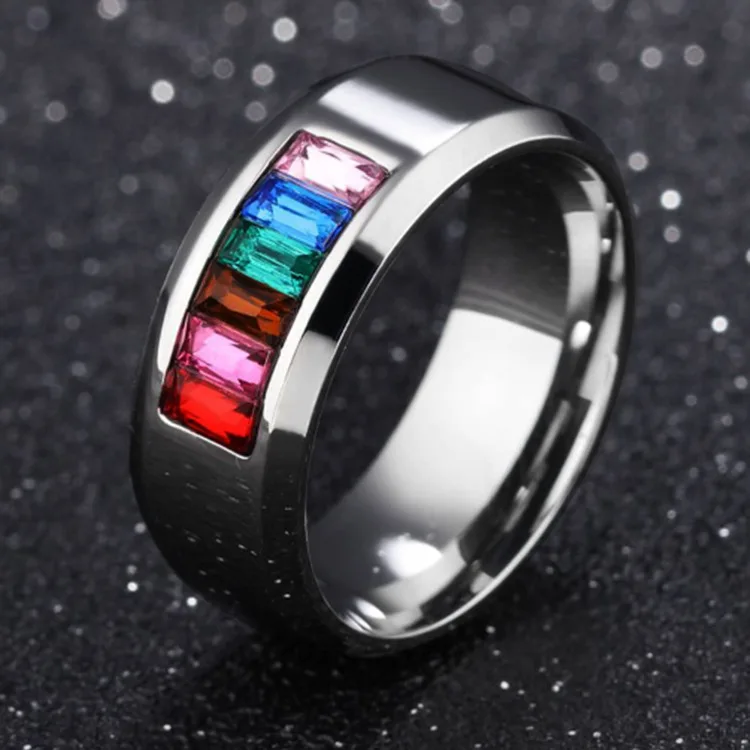 

Fashion Simple 8mm Wide 6 Colors Rainbow Zircon Ring for Women Wedding Engagement Party Cocktail Jewelry