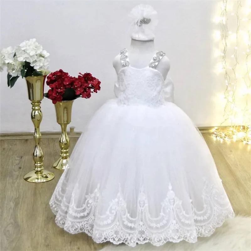

Real Picture White Lace Tulle Flower Girl Dress for Wedding Crystals Beading Princess Party Gowns Girls Clothes with Bow