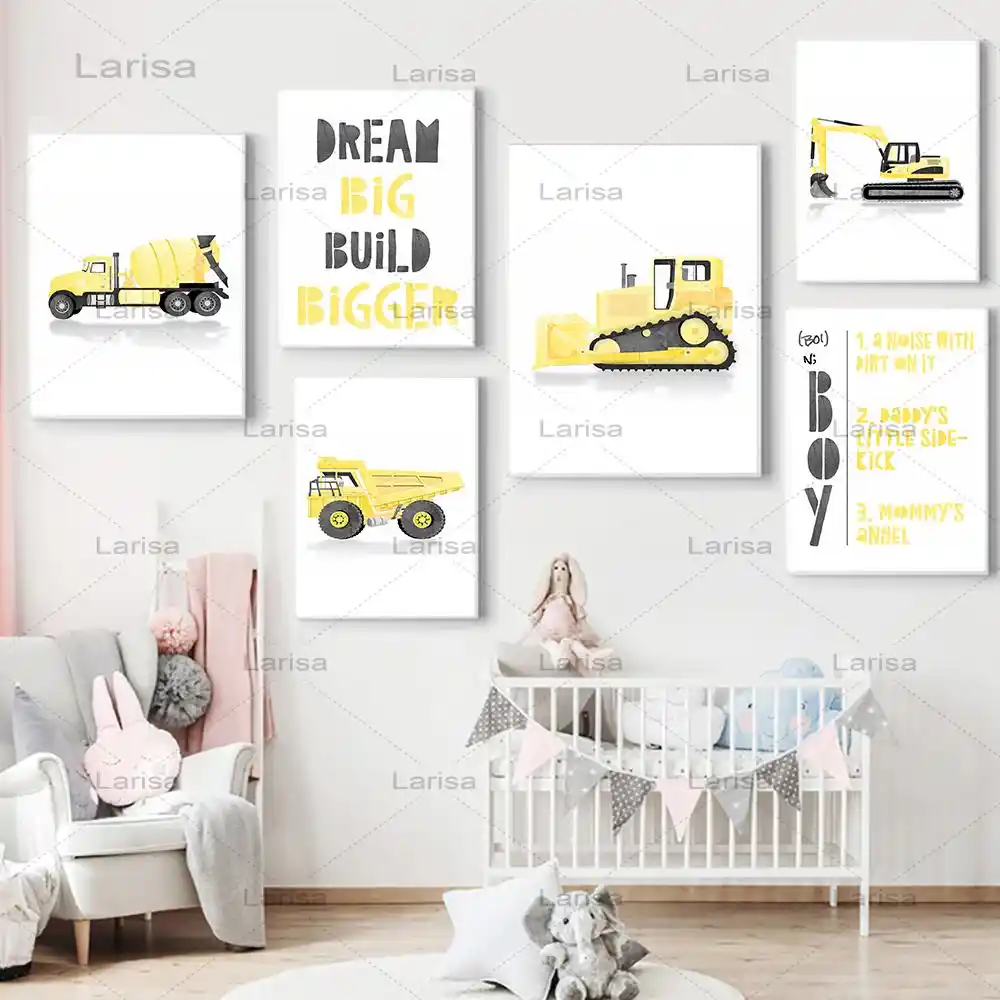 Affiche De Decoration De Chambre De Bebe Garcon Dans Les Camions De Pepiniere Voiture Peinture Sur Toile Murale Pelle Images Imprimees Pour Chambre D Enfants Aliexpress