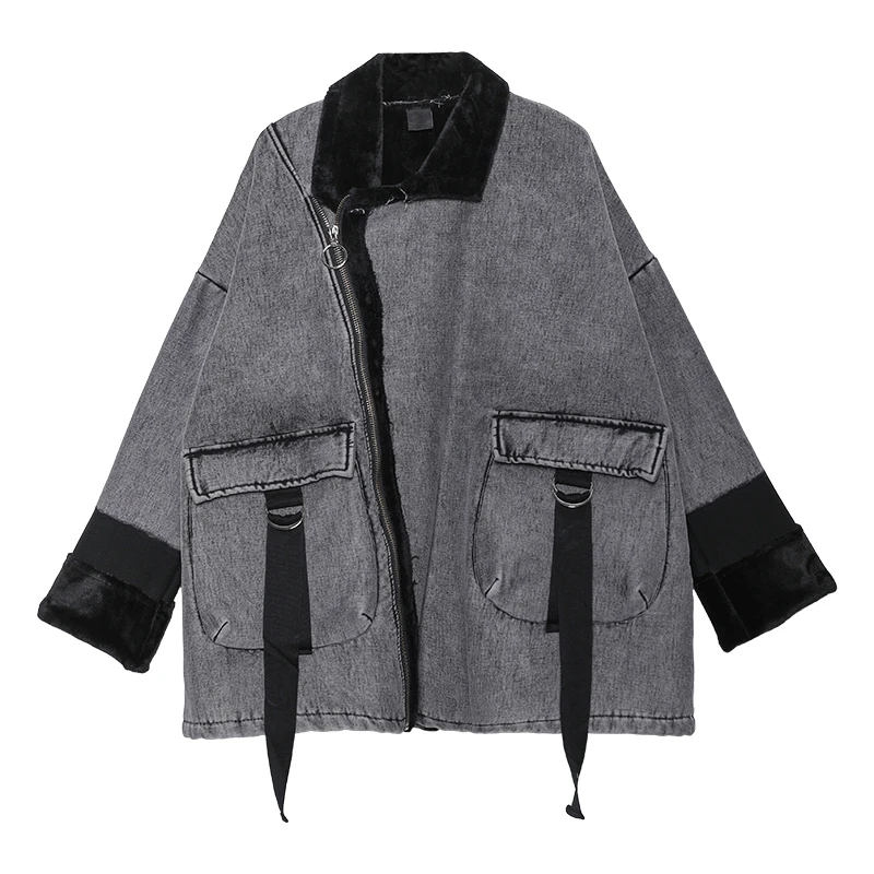 SeeBeautiful New Fashion Autumn Winter Contrast Color Lapel Long Sleeve Zipper Pockets Denim Loose Jacket Coat Woman Q157 - Цвет: gray