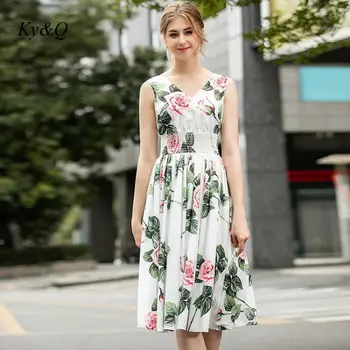 

Runway High Quality Summer Women Boho Chiffion V-neck Rose Print Fashion Midi Dress 2020 New Sexy A-line Sleeveless Clothes