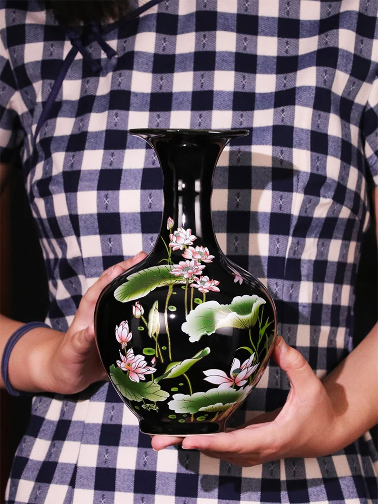 Jingdezhen Sharply Glaze Black Ceramic Vase Lotus Pattern For Modern Home Sitting Room Adornment 5