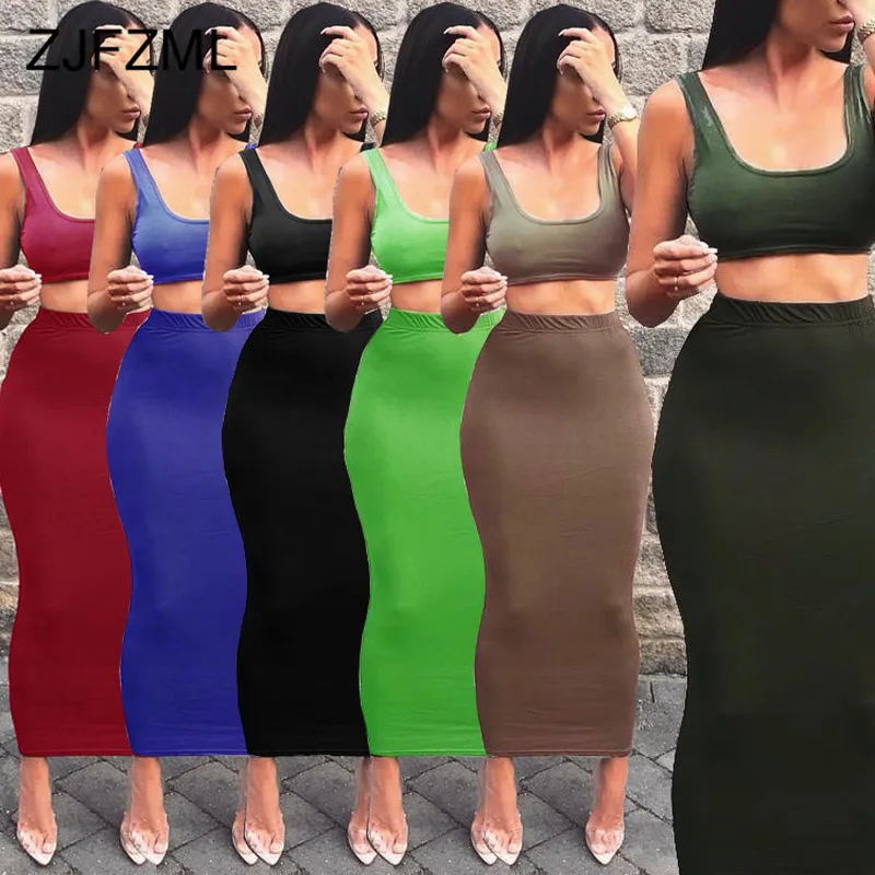 

Causal Plus Size 2Pcs Matching Sets Women Sleeveless Open Back Tank Tops + High Waist Long Skirts Summer Two Piece Tracksuit