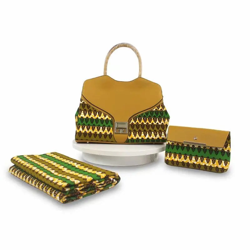 

Pretty African Green Cotton Wax Prints Fabric Matching Fashion Brown Women HandBag African Wax 3pcs/set For Women Party F99-7