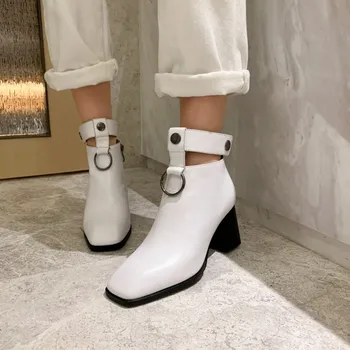 

Winter New Designer Autumn Ankle Boots Buckle Strap Black Leather Square Toe Fashion Shoes Women
