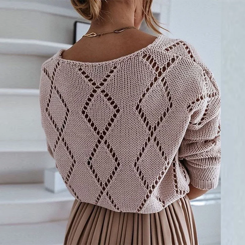 black sweater Ladies Sexy Off-shoulder Knitted Sweaters Autumn Long-Sleeved Sweater Pullovers Ladies Elegant Loose Openwork Pullovers Tops brown sweater