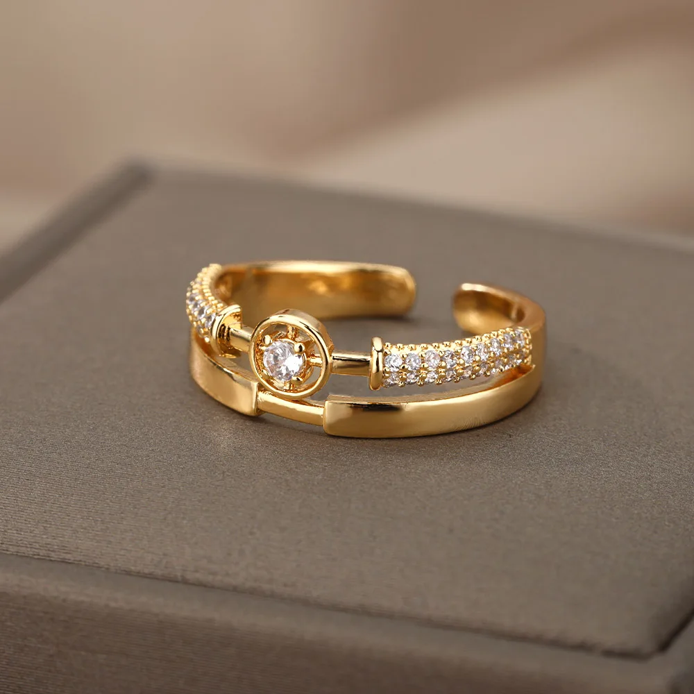 Gold Color Rings Fashion Star Women Stainless Steel Zircon Round Irregular Adjustable Wedding Jewelry Gift Bff