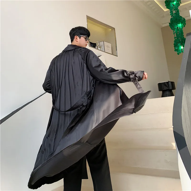 

M-XL Men New Folds Satin Style Loose Thin Long Trench Coat Outerwear Male Fashion Casual Cardigan Windbreaker Jacket Overcoat