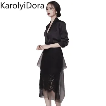 

Women Vintage Solid Sexy V Neck Shirt Top + Irregular Mesh Lace Pencil Skirt 2 Piece Set Office Lady Black Formal Skirt Suit