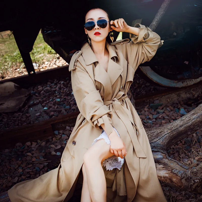 

Khaki Trench Coat Women's Mid-length 2019 New Style Waist Hugging Double Breasted over-the-Knee Long Coat British Style Slimming