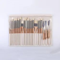 ArtSecret New Arrival 2288 24/Set Oil Acrylic Drawing Brush Hog Bristle Metal Ferrule Wood Rod Canvas Bag Stationery Art Tools