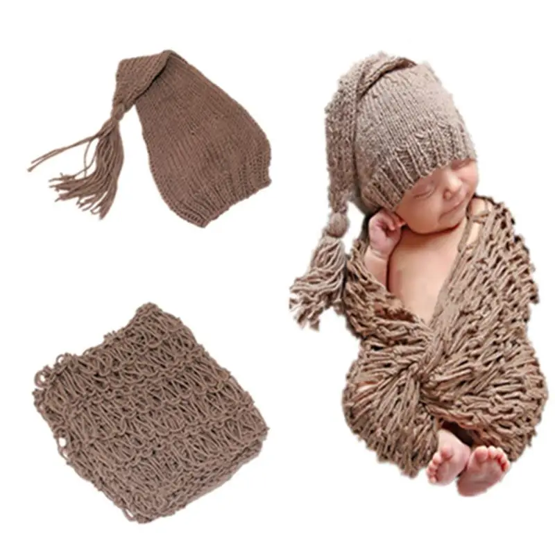 

2pcs/set Soft Crochet Knitted Hat Cap Wrap Cloth for Infant Baby Costume Outfits Photo Shoots Clothing Newborn Photography Props