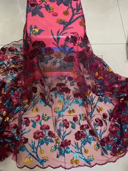 

2019 New Design African Lace Fabric High Quality French Nigerian Sequins Embroidered Tulle Lace Fabric With Sequins wedding red