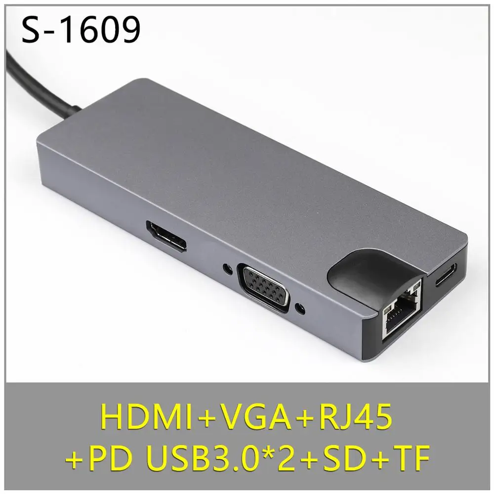 USB C концентратор к HDMI Ethernet Rj45 Lan HDMI VGA PD SD TF концентратор 3,0 порт type C док-станция для MacBook Pro/Macbook Air 13 15 1" USB-C - Цвет: Tc-1609