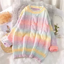 

Anbenser Autumn Winter Women Rainbow Sweater Tie Dye Pullover O-Neck Long Loose Striped Jumpers Candy Color Oversized Female Top