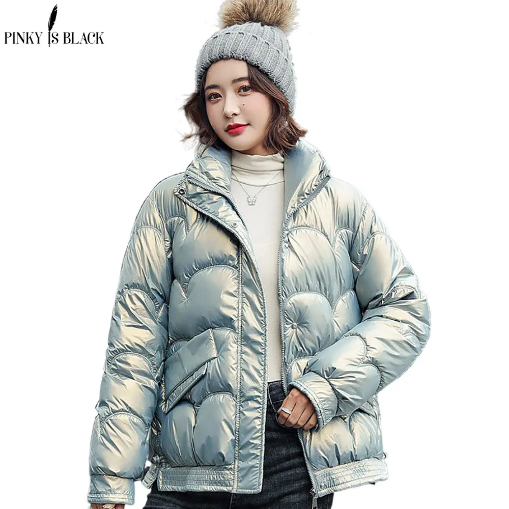 

PinkyIsBlack осенне-зимнее пальто, женская теплая блестящая Толстая куртка, модная короткая парка с воротником-стойкой, зимняя куртка, женская одежда