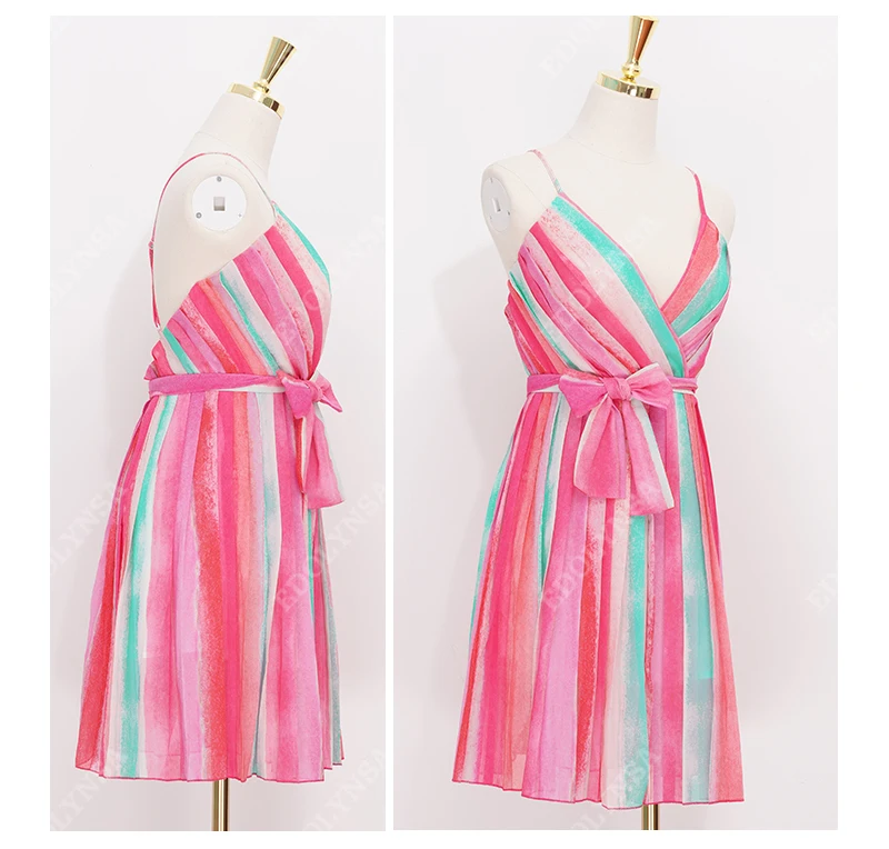 2020 Pink Bohemian Tie-dyed Bikini Cover-ups Sexy Spaghetti Strap Summer Beach Dress Chiffon Tunic Women Swimsuit Cover Up A401