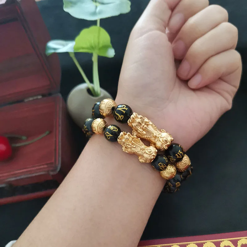 Paired Bracelets For Couples Natural Real Stone Beads Black Obsidian Bangle On Hand Feng Shui Good Luck Women Men Jewelry Gifts