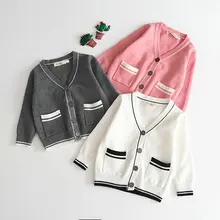 Зимняя Осенняя вязаная одежда для маленьких мальчиков и девочек, джемпер, свитер с длинными рукавами, одежда с v-образным вырезом, хлопковая верхняя одежда для малышей