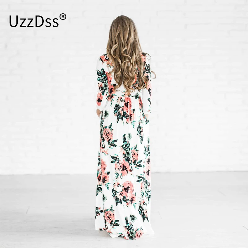 UZZDSS летнее платье женское длинное пляжное платье в стиле бохо с принтом и О-образным вырезом, рукав три четверти, ампир, цветок, длина до пола, макси платье