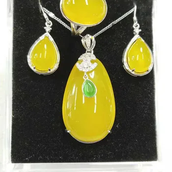 

Natural Jade Pendant Earring Ring Ring three piece set of 925 silver inlaid jade suit