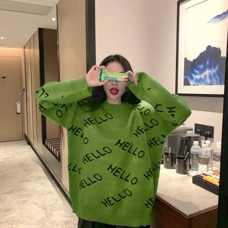 Green Gaganight Hello Свободный Повседневный женский свитер с длинным рукавом и круглым вырезом в Корейском стиле, новинка, Модный осенне-зимний женский пуловер с буквенным принтом для девочек - Цвет: Green