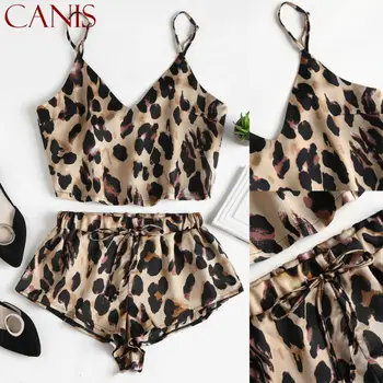 

2PCS Sexy Women Animal Leopard Print Satin Cami Top High Cut Shorts Pajama Set