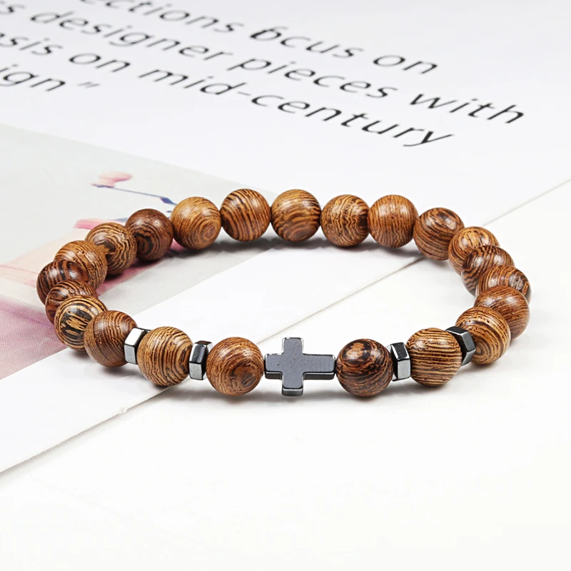 Hot Men Bracelet Wooden Beads Cross 7 Chakra Healing Balance Onyx Bracelets&Bangles Owl Prayer Reiki Buddha Women Jewelry Homme