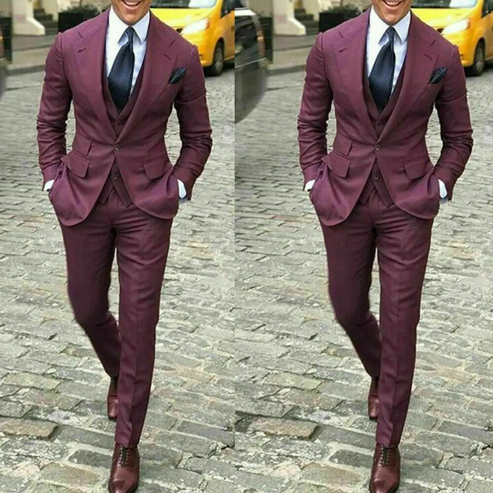 

JELTONEWIN Formal Burgundy 3 Pieces Men's Suit Slim Tuxedo Groom Party Suits For Men Wedding Business Work Wear Jacket+Vest+Pant