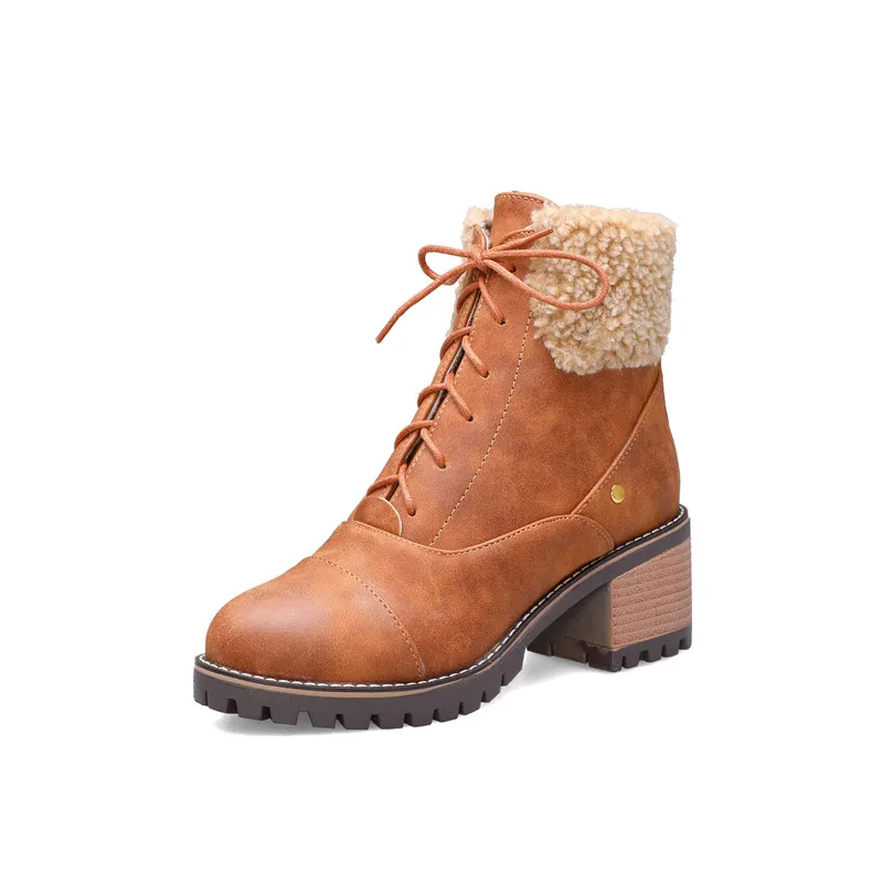 MORAZORA/Новое поступление года; зимние ботинки; женская повседневная обувь на квадратном каблуке со шнуровкой и круглым носком; Модные женские ботильоны с искусственным мехом