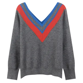 

Runway Autumn V-Neck Striped Women Pullovers Casual Office Knitted Top Streetwear Sweater Female Winter Warm Jumpers Oversized