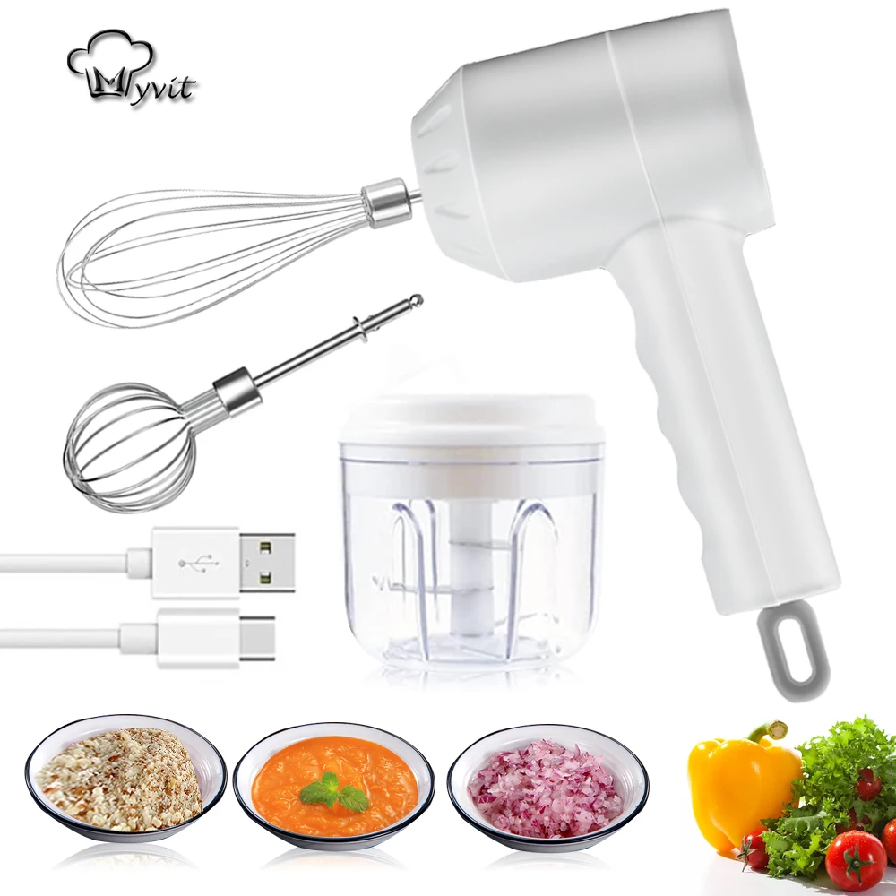 Electric Hand Mixer Food Chopper 2 In 1 Cordless Garlic Mincer Whisk Usb  Rechargeable Egg Beater Handheld Chopper With 3 Speeds Portable Food  Processo