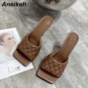 

Aneikeh NEW 2020 Square Toe Thin High Heel Women Sandals Fashion Slip On Summer Beach Slippers Lady Shoes White brown blue black