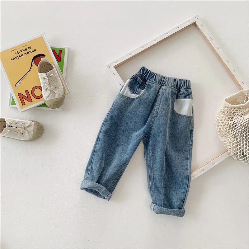WLG Autumn boys girls jeans kids basic denim blue casual all match jean children trousers