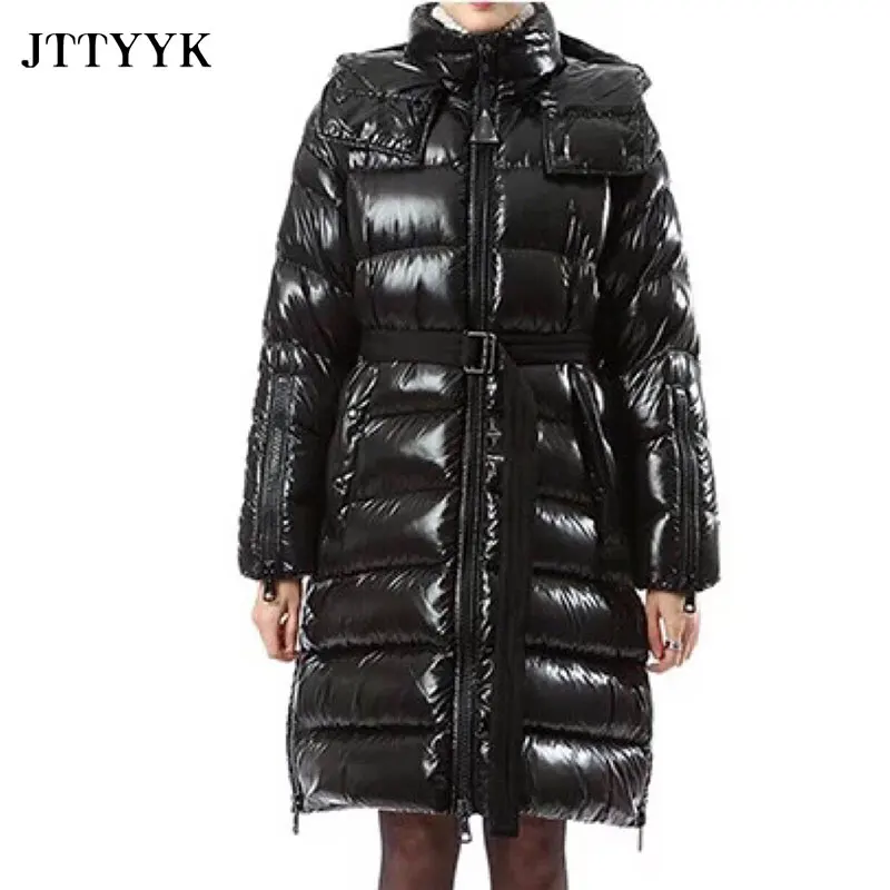 

2020 winter Down Jacket Women Hooded Waterproof Shiny Duck Down Coat Long Parka With Belt Female Feather Snow Outwear