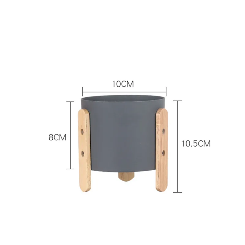 Nordic Simple Macaron Color Flowerpot Iron Planter Succulents Pot with Wooden Stand Home Decor Craft Green Plant Pot with Hole - Color: Grey S