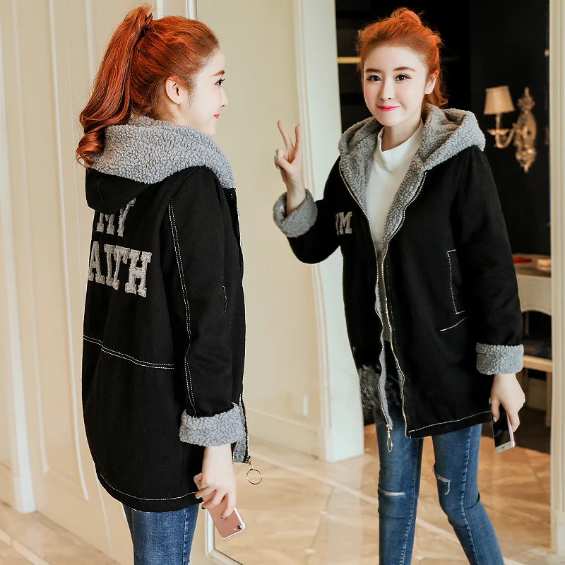 

Photo Shoot Cotton Coat Women's Winter Sweet Loose Thick plus Velvet Cowboy Hooded Coat Fashion Hair Mid-length Students 8767