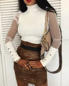 

New Women Sheer Sleeve Shirt Mesh See-through Blouse High Neck Polka Dot Fall Spring Puff Long Sleeve Tops Sexy Lace Shirts