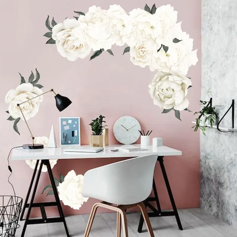 

White Peony Rose Flowers Wall Stickers Vintage Wallpaper For Kids Room Bedroom Living Room Decal Mural Home Decor Kid Girls Gift