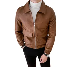 Новая мотоциклетная мужская кожаная куртка в стиле ретро приталенная винтажная однотонная Куртка бомбер Байкерская ветрозащитная куртка из искусственной кожи с большим карманом