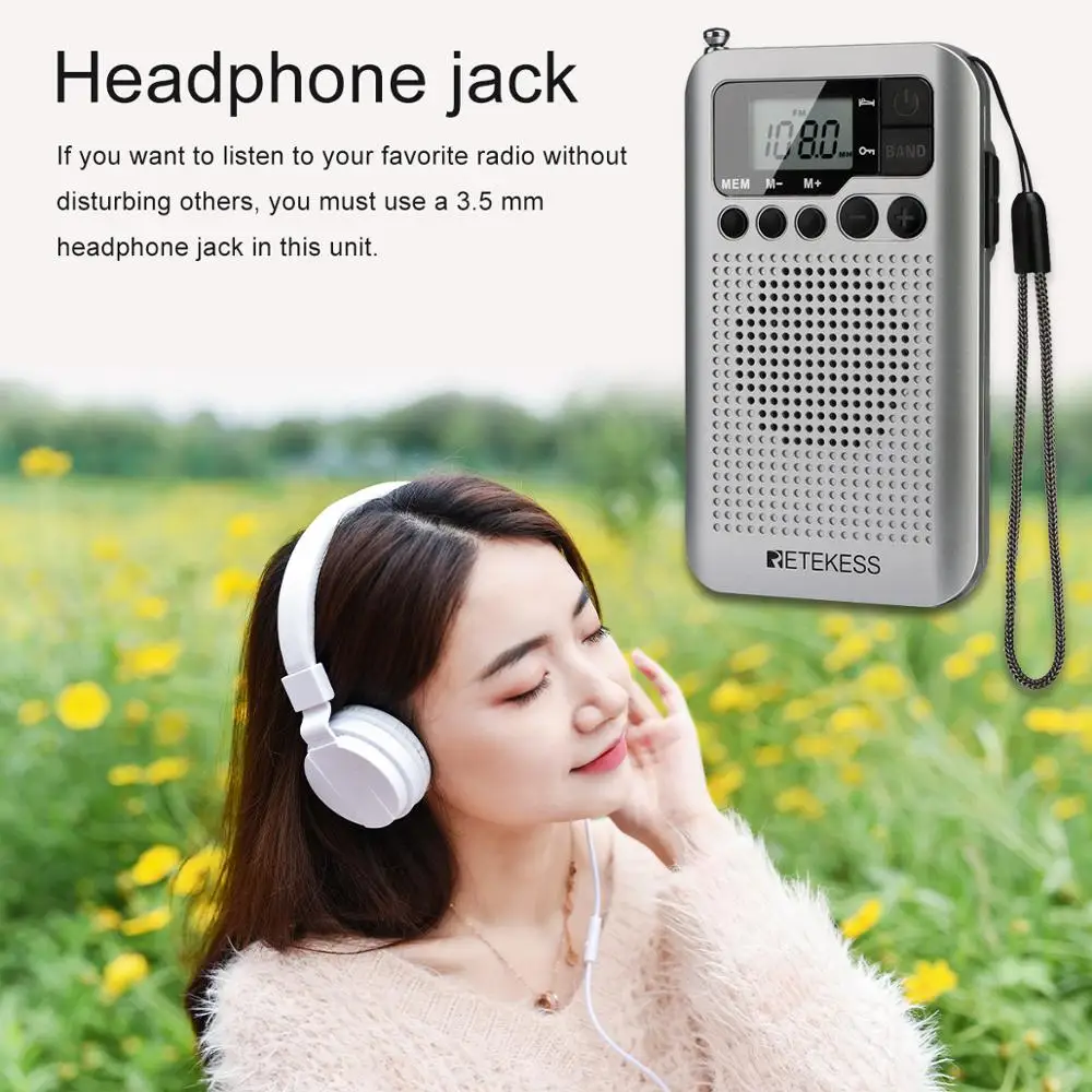 Retekess TR106 Silver Portable FM AM Radio with LCD Display Digital Tuning Speaker Headphone Jack and Support Clock Function